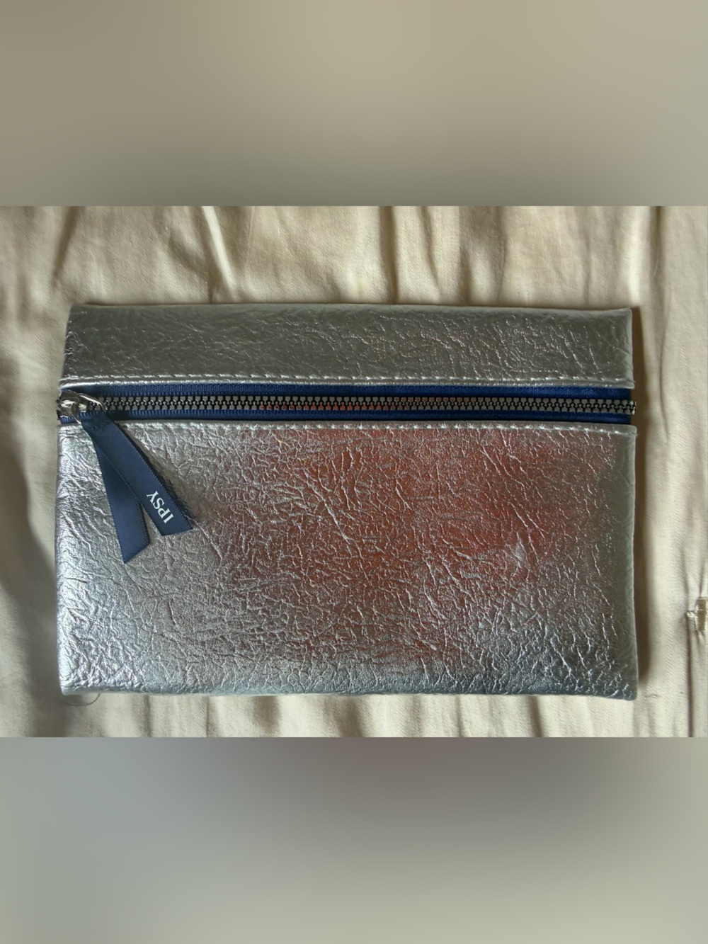 ipsy Metallic Silver Toiletry Pouch with Navy Zipper Pull